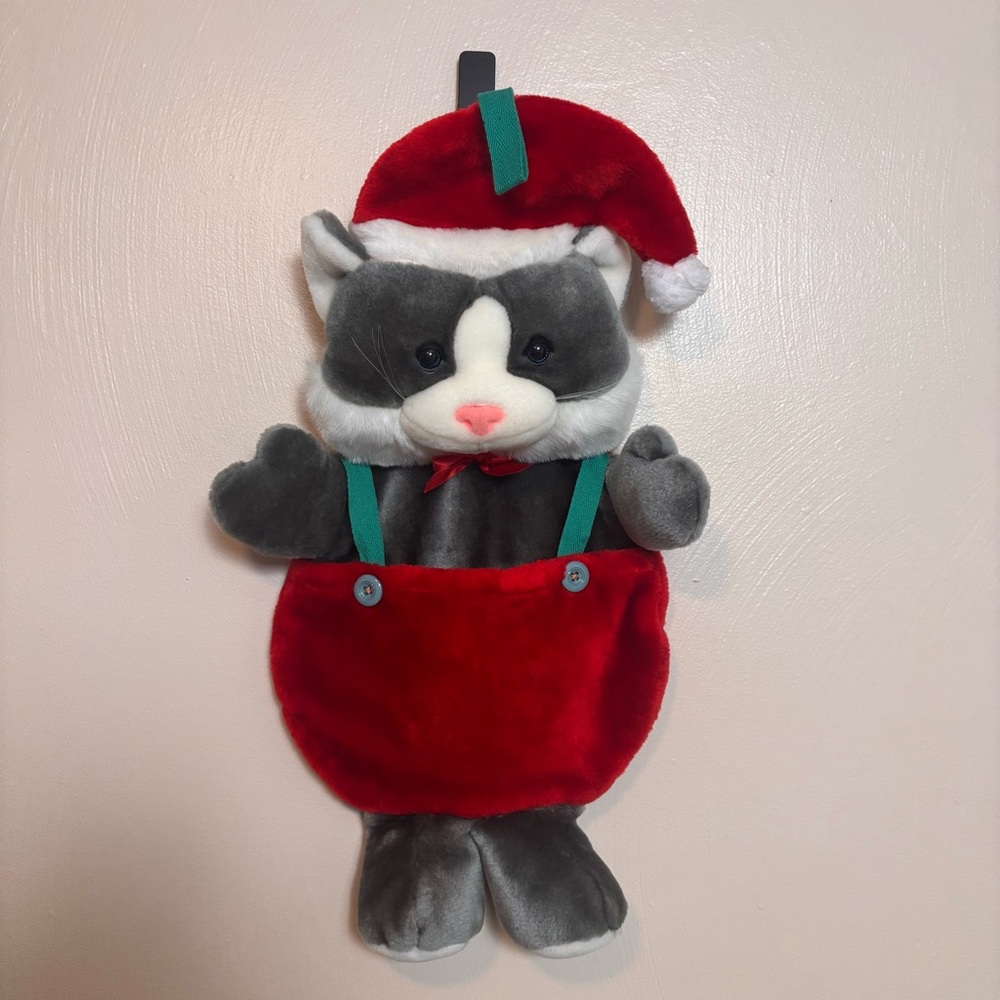Vintage Santa's Best Cat Kitten Christmas‎ Stocking Plush 80s 23" x 15" Gray Red